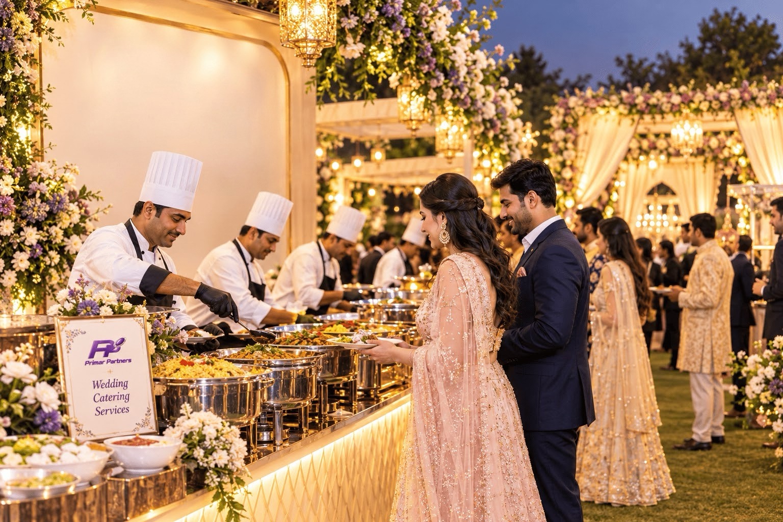 Buffet catering arrangement for a wedding celebration