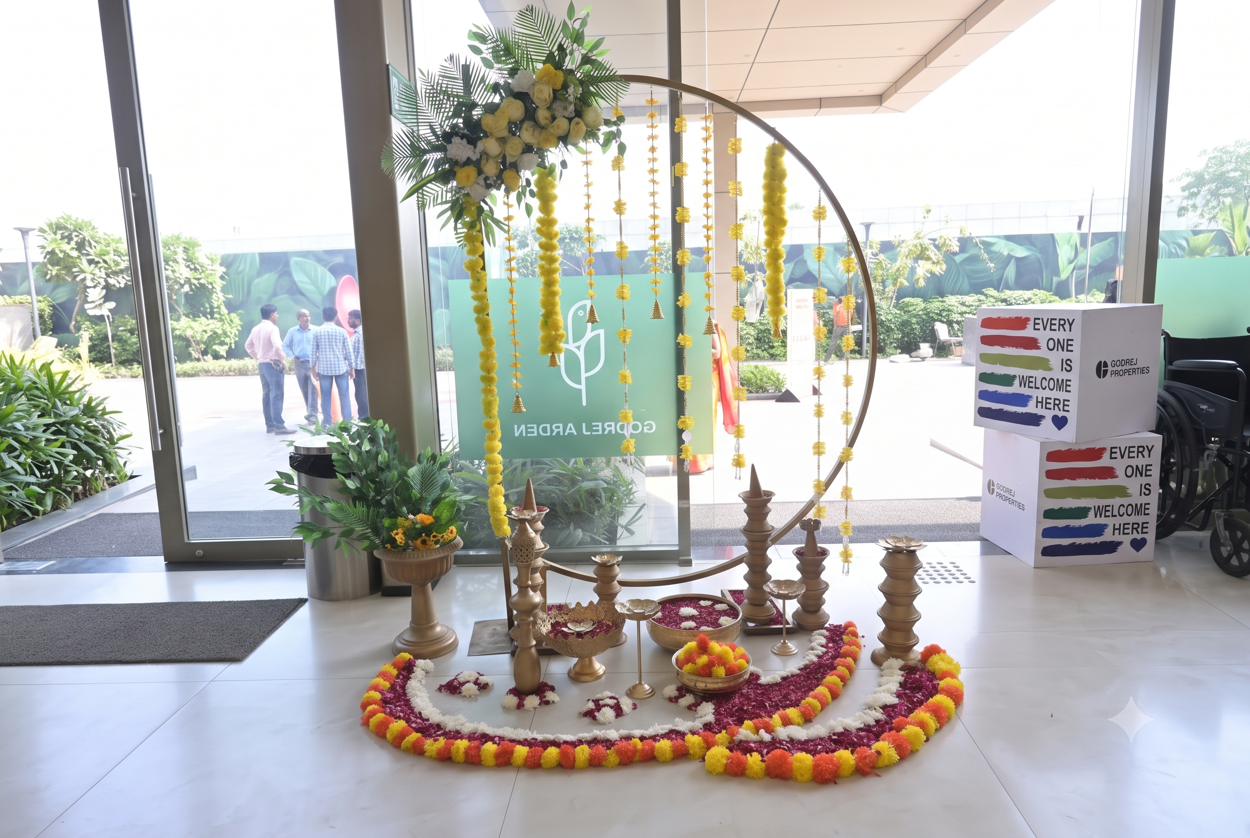 Thematic floral and festive lighting venue transformation for Ganesh Utsav by Primar Partners