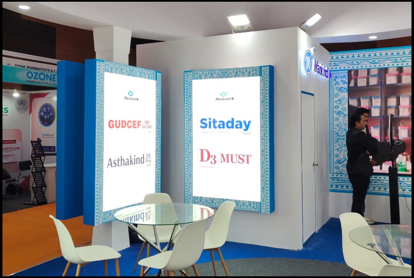 Custom exhibition booth showcasing company products and services