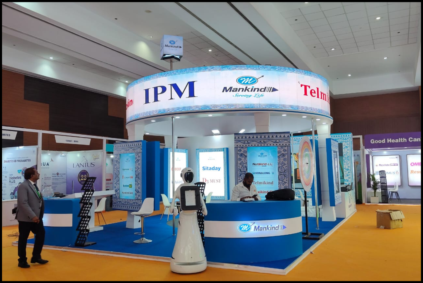 Exhibition stand with modern structure and product display sections